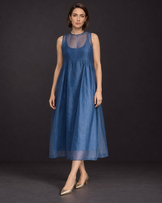 Ink Blue Handwoven Organza Midi Dress - Dress - Mizyana