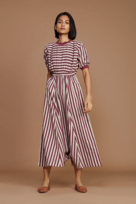 Ivory and Mauve Striped Mati Sphara Jumpsuit by MATI with puff sleeves and ribbed neckline, model front view