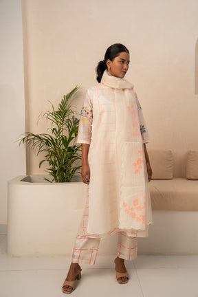 IVORY AND PINK CHECKS DOUBLE LAYER TUNIC AND PANT - Two-Piece Set - Mizyana