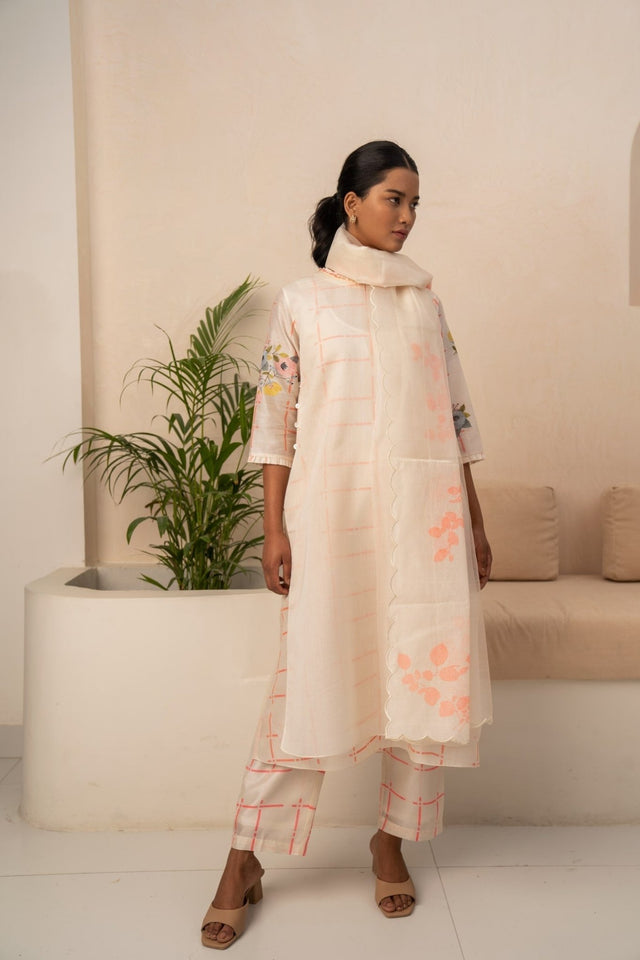 IVORY AND PINK CHECKS DOUBLE LAYER TUNIC AND PANT - Two-Piece Set - Mizyana