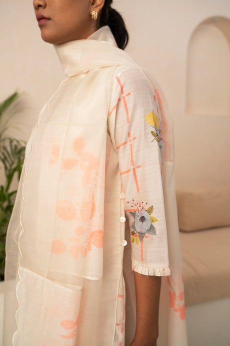 IVORY AND PINK CHECKS DOUBLE LAYER TUNIC AND PANT WITH DUPATTA - Two-Piece Set - Mizyana