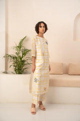 IVORY AND YELLOW CHECKS CHANDERI TUNIC AND CHECKS PANT - Two-Piece Set - Mizyana