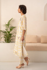 IVORY AND YELLOW CHECKS CHANDERI TUNIC AND CHECKS PANT - Two-Piece Set - Mizyana
