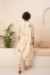 IVORY AND YELLOW CHECKS CHANDERI TUNIC AND CHECKS PANT - Two-Piece Set - Mizyana