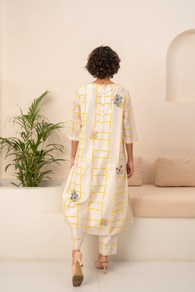 IVORY AND YELLOW CHECKS CHANDERI TUNIC AND CHECKS PANT - Two-Piece Set - Mizyana