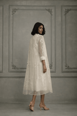 Ivory Applique Work / Embroidered And Porcupine Sleeves Organza Jacket With Linen And Organza Dress - Dress - Mizyana
