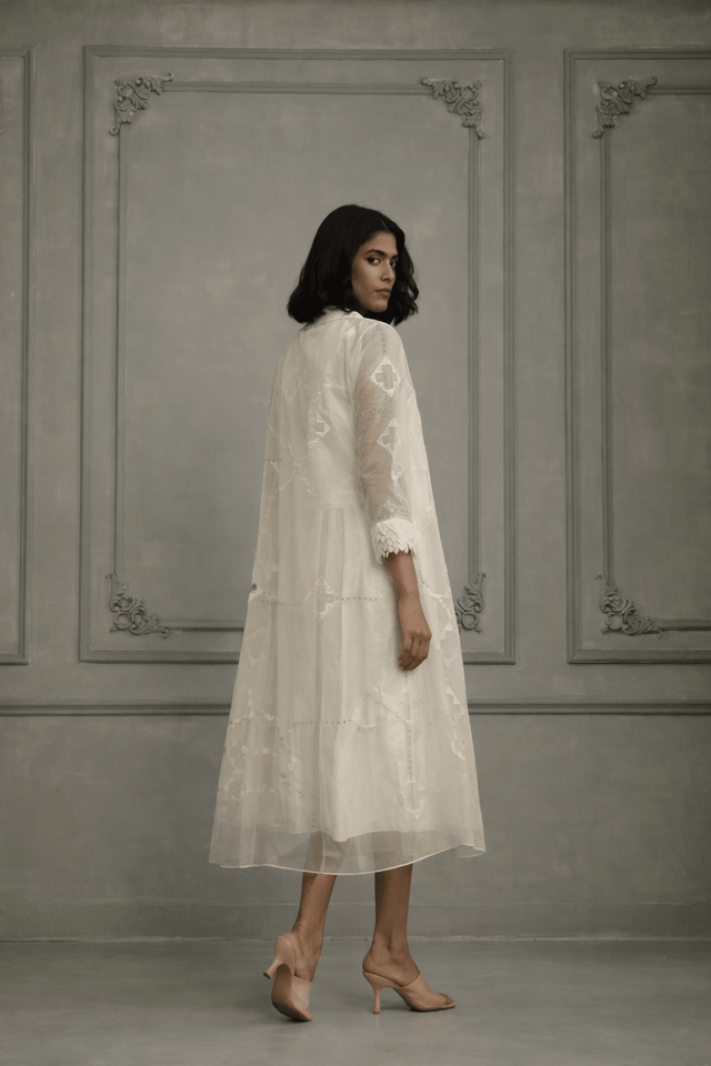 Ivory Applique Work / Embroidered And Porcupine Sleeves Organza Jacket With Linen And Organza Dress - Dress - Mizyana