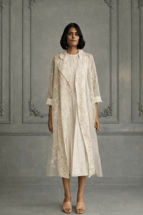 Ivory Applique Work / Embroidered And Porcupine Sleeves Organza Jacket With Linen And Organza Dress - Dress - Mizyana