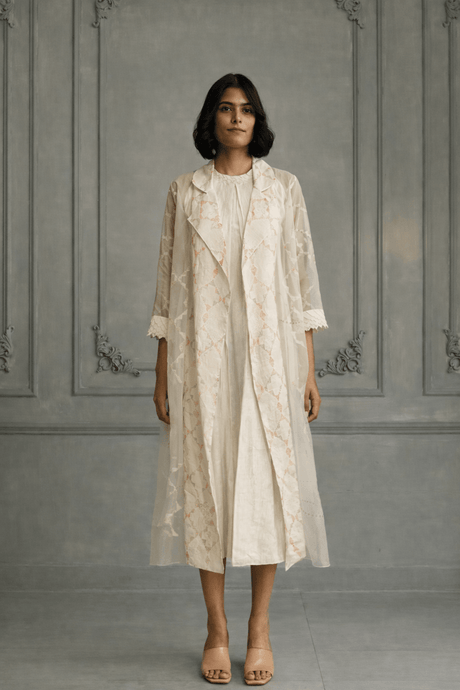 Ivory applique organza jacket with linen and organza dress from ARCVSH by Pallavi Singh, long sheer jacket, front view