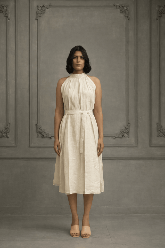 Ivory Applique Work / Embroidered And Porcupine Sleeves Organza Jacket With Linen And Organza Dress - Dress - Mizyana