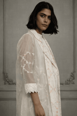 Ivory Applique Work / Embroidered And Porcupine Sleeves Organza Jacket With Linen And Organza Dress - Dress - Mizyana
