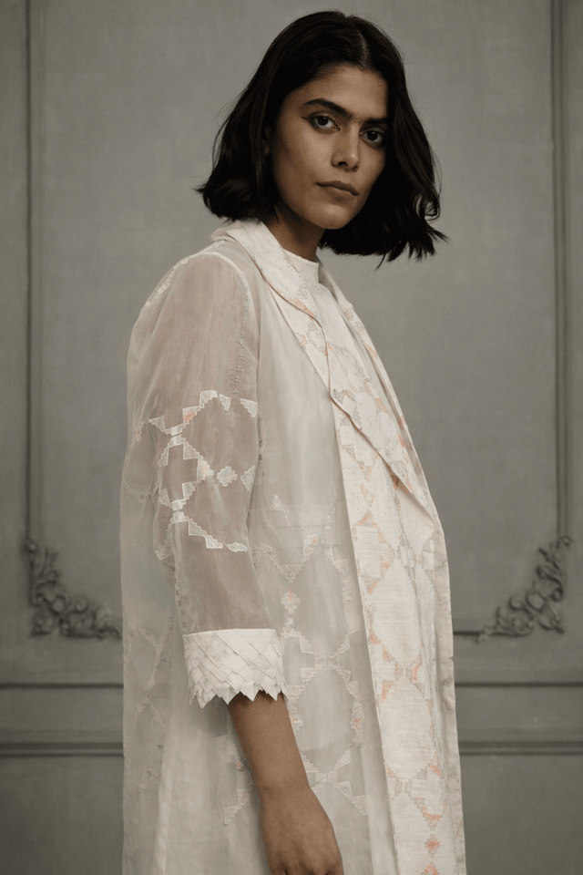Ivory Applique Work / Embroidered And Porcupine Sleeves Organza Jacket With Linen And Organza Dress - Dress - Mizyana