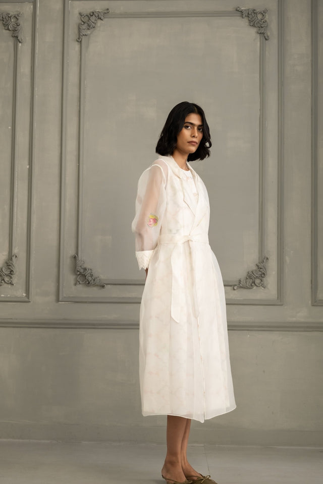 Ivory Applique Work/ Embroidered And Porcupine Sleeves Organza Jacket With Multiprint Dress In Linen - Dress - Mizyana