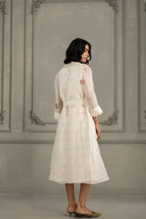 Ivory Applique Work/ Embroidered And Porcupine Sleeves Organza Jacket With Multiprint Dress In Linen - Dress - Mizyana