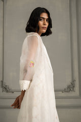 Ivory Applique Work/ Embroidered And Porcupine Sleeves Organza Jacket With Multiprint Dress In Linen - Dress - Mizyana