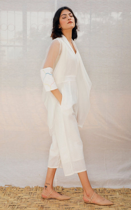 Ivory Asymmetric Organza Throw On With Embroidered Sleeve - Jacket - Mizyana