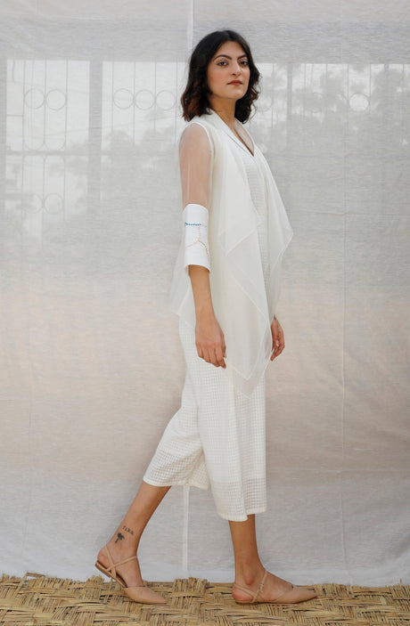 Ivory Asymmetric Organza Throw On With Embroidered Sleeve - Jacket - Mizyana