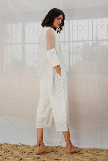 Ivory Asymmetric Organza Throw On With Embroidered Sleeve - Jacket - Mizyana