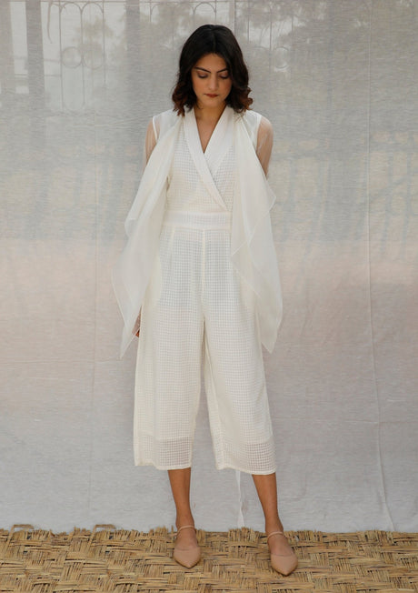 Ivory Asymmetric Organza Throw On With Embroidered Sleeve - Jacket - Mizyana
