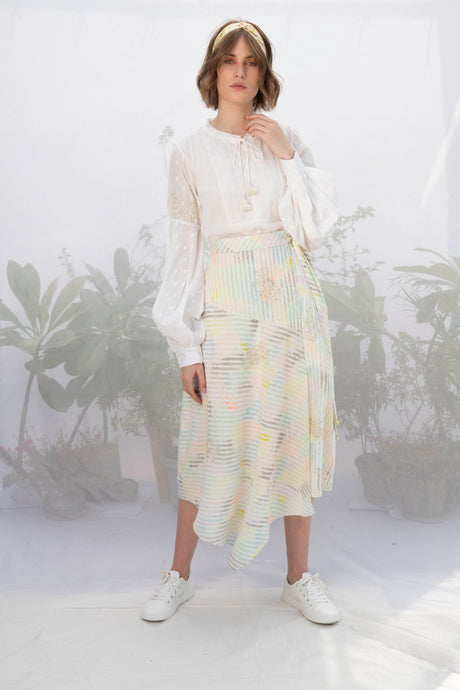 Ivory Cotton Top With Multi Stripe Wrap Skirt - Two-Piece Set - Mizyana