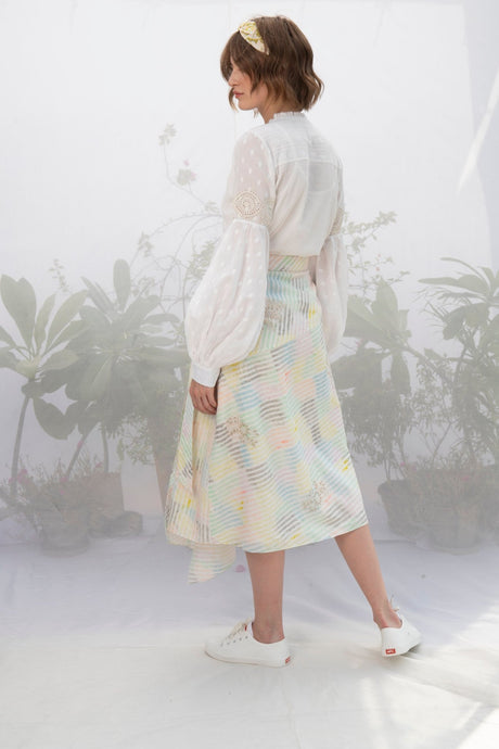 Ivory Cotton Top With Multi Stripe Wrap Skirt - Two-Piece Set - Mizyana
