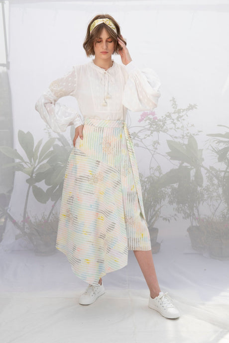 Ivory Cotton Top With Multi Stripe Wrap Skirt - Two-Piece Set - Mizyana