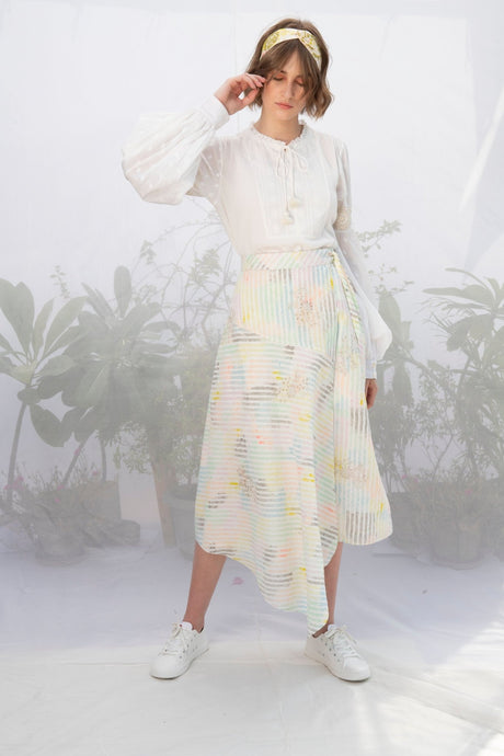 Ivory Cotton Top With Multi Stripe Wrap Skirt - Two-Piece Set - Mizyana