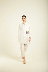 Ivory Country Shirt In Gauze Linen With Embroidery And Straight Pants In Silk Chanderi - Two-Piece Set - Mizyana