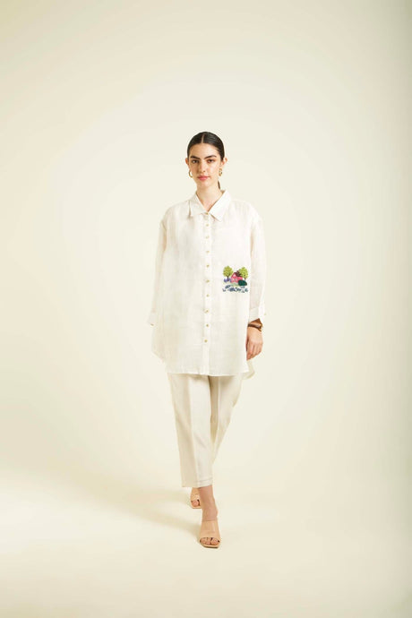 Ivory Country Shirt In Gauze Linen With Embroidery And Straight Pants In Silk Chanderi - Two-Piece Set - Mizyana