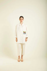 Ivory Country Shirt In Gauze Linen With Embroidery And Straight Pants In Silk Chanderi - Two-Piece Set - Mizyana