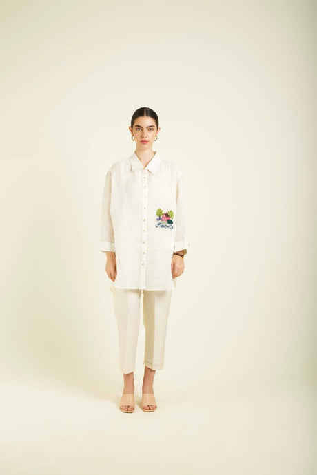 Ivory Country Shirt In Gauze Linen With Embroidery And Straight Pants In Silk Chanderi - Two-Piece Set - Mizyana