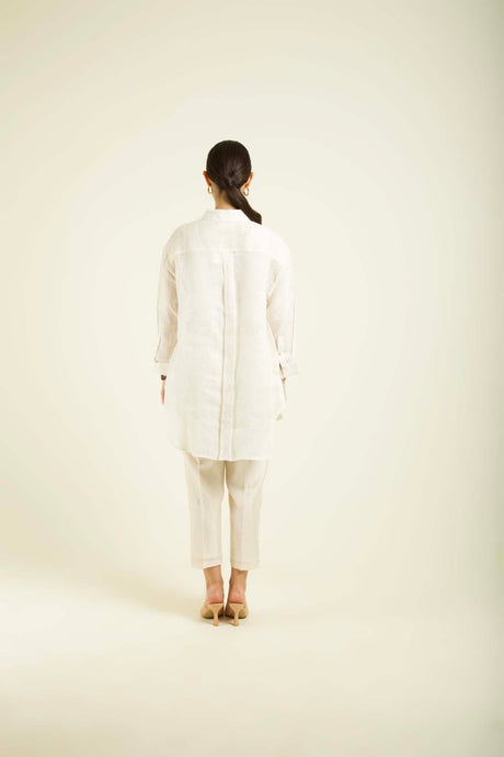Ivory Country Shirt In Gauze Linen With Embroidery And Straight Pants In Silk Chanderi - Two-Piece Set - Mizyana