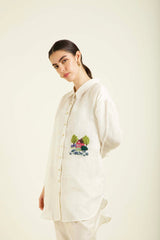 Ivory Country Shirt In Gauze Linen With Embroidery And Straight Pants In Silk Chanderi - Two-Piece Set - Mizyana