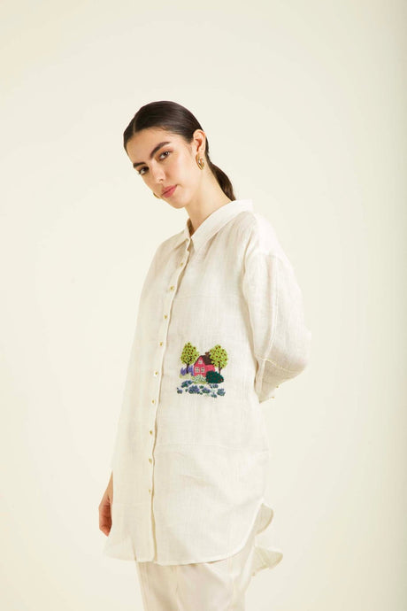 Ivory Country Shirt In Gauze Linen With Embroidery And Straight Pants In Silk Chanderi - Two-Piece Set - Mizyana