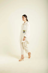 Ivory Country Shirt In Gauze Linen With Embroidery And Straight Pants In Silk Chanderi - Two-Piece Set - Mizyana
