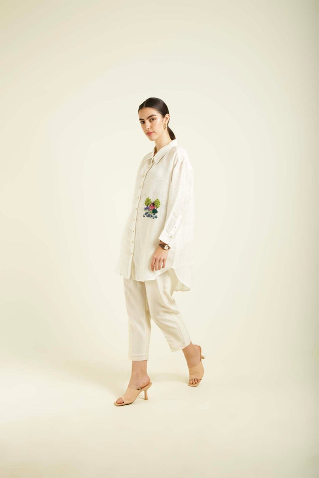 Ivory Country Shirt In Gauze Linen With Embroidery And Straight Pants In Silk Chanderi - Two-Piece Set - Mizyana