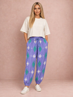 Ivory Cropped Blouse and Balloon Diamond Print Trousers Two-Piece Set - Two-Piece Set - Mizyana