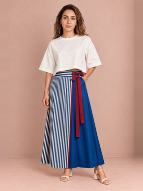 Ivory Cropped Blouse and Gradient Flow Denim Wrap Skirt Two-Piece Set - Two-Piece Set - Mizyana