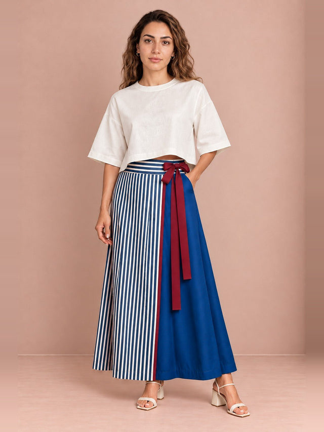 Ivory Cropped Blouse and Gradient Flow Denim Wrap Skirt Two-Piece Set - Two-Piece Set - Mizyana