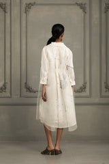 Ivory Double Layer Block Print Dress In Linen And Organza With Embroidered Sleeves - Dress - Mizyana