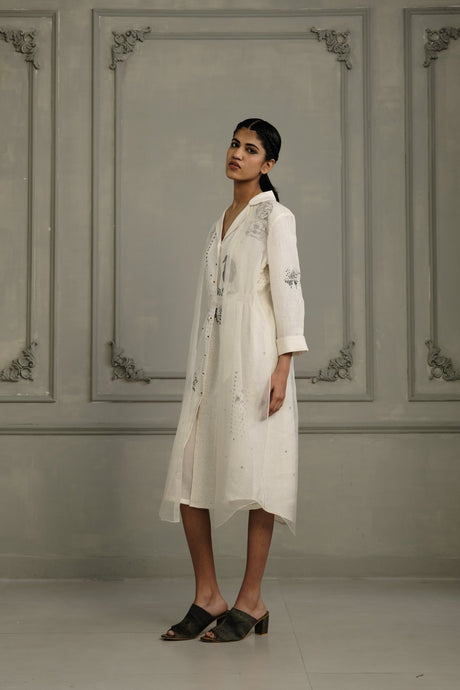Ivory double layer block print dress in linen and organza from ARCVSH by Pallavi Singh, lapel collar, side view