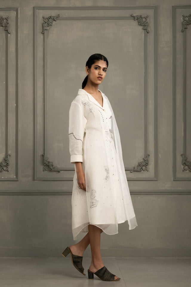 Ivory Double Layer Block Print Dress In Linen And Organza With Embroidered Sleeves - Dress - Mizyana