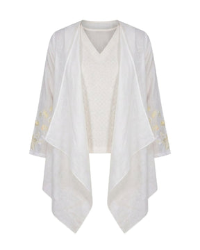 Ivory Draped Chanderi Jacket and Top Two-Piece Set - Two-Piece Set - Mizyana
