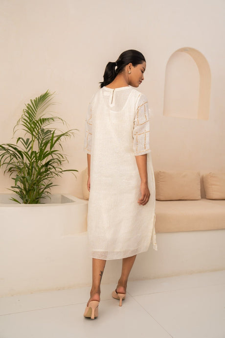 Ivory Embroidered Checks Linen Dress back view with button at the neck