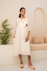 IVORY EMBROIDERED CHECKS LINEN DRESS - Dress - Mizyana