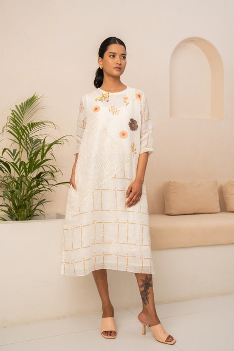 Ivory Embroidered Checks Linen Dress from ARCVSH by Pallavi Singh with gold check lines and floral applique, front view