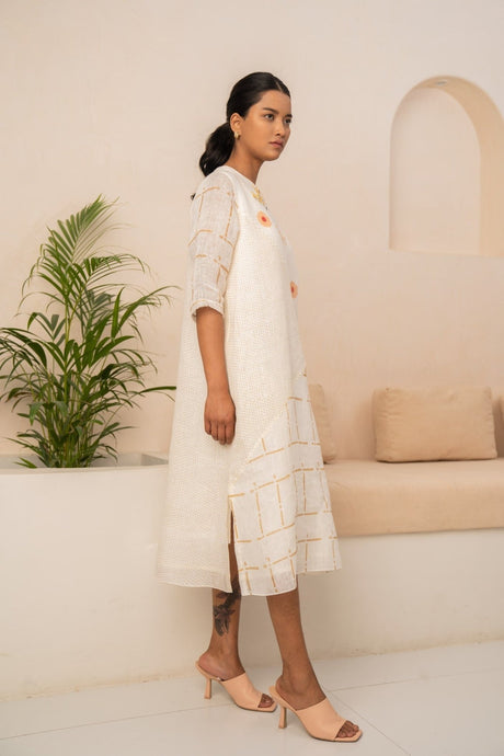 Ivory Embroidered Checks Linen Dress with elbow sleeves and side slit, side view