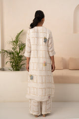 IVORY EMBROIDERED LINEN CHECKS TUNIC + CHECKS PANT - Two-Piece Set - Mizyana