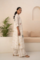 IVORY EMBROIDERED LINEN CHECKS TUNIC + CHECKS PANT - Two-Piece Set - Mizyana