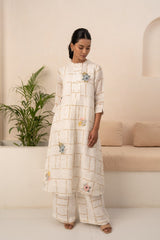 IVORY EMBROIDERED LINEN CHECKS TUNIC + CHECKS PANT - Two-Piece Set - Mizyana